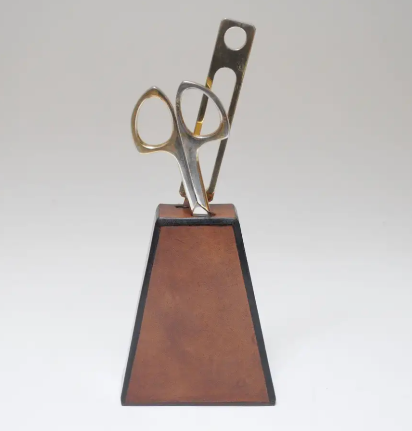 Italian Modernist Brass And Leather Desk Set with Letter Opener and Scissors
