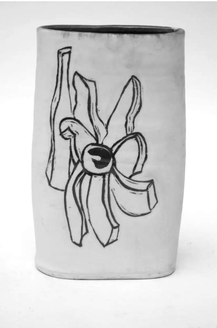 1976 Studio Stoneware Black and White Abstract Floral Vase Signed Pollack